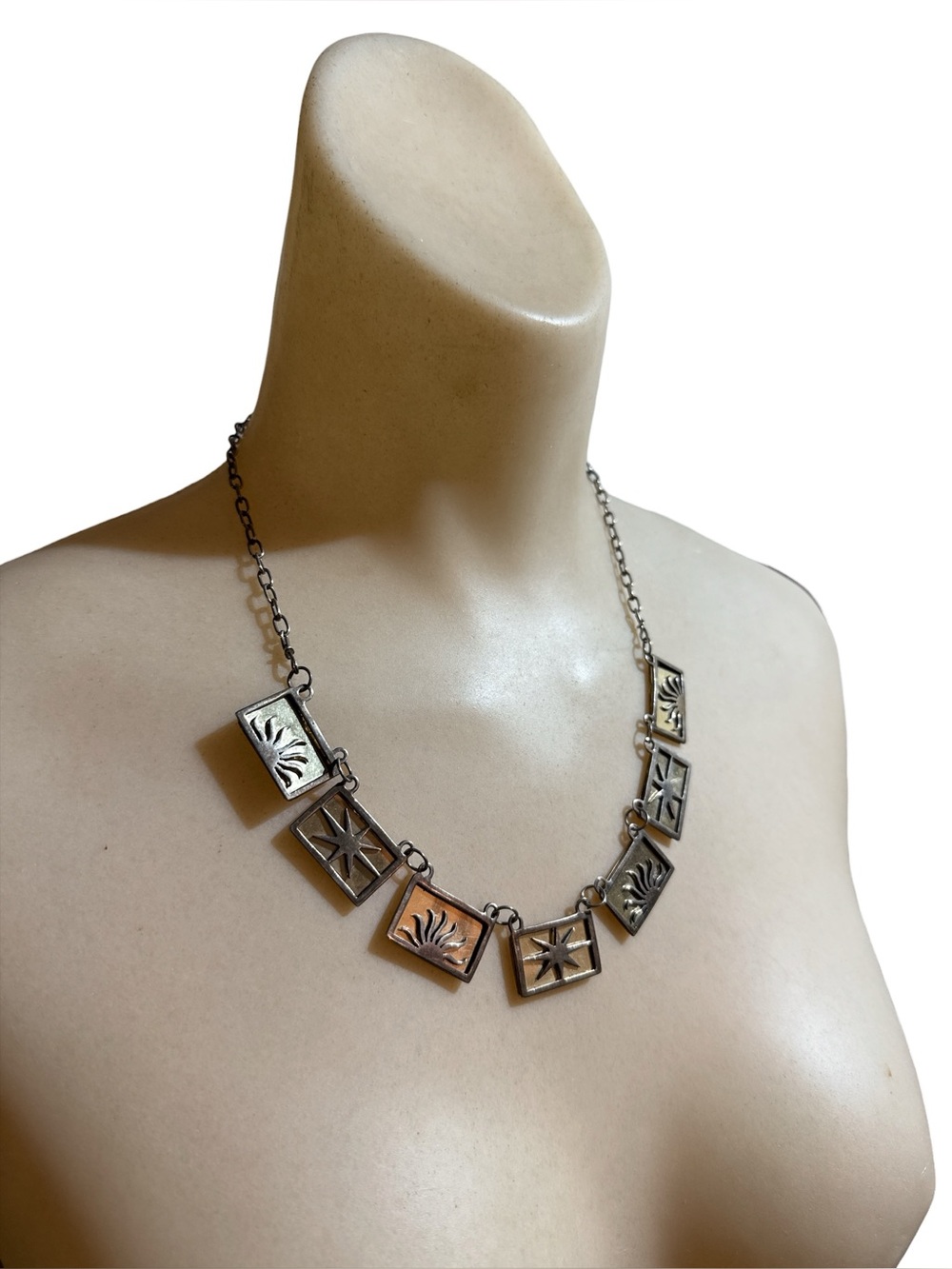 Vintage 90s Southwest Sterling Silver 14K GF Celestial Shadowbox Necklace 20”